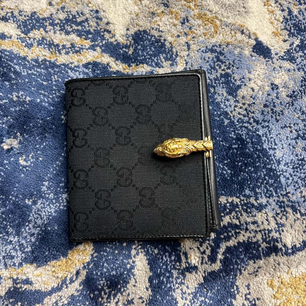 GUCCI GG TIGER HEAD CANVAS LEATHER BLACK COMPACT WALLET