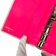 Load image into Gallery viewer, CHANEL CAMBON BLACK CC ON WHITE CALF LEATHER SKIN AGENDA WITH HOT PINK INTERIOR
